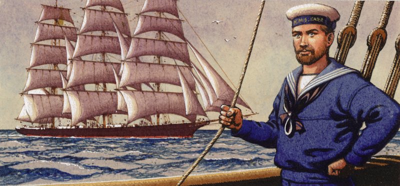 Dobře oblečený námořník a plachetnice s čtvercovým kormidlem (kvaš na papíře) od Pat (1907-95) Nicolle