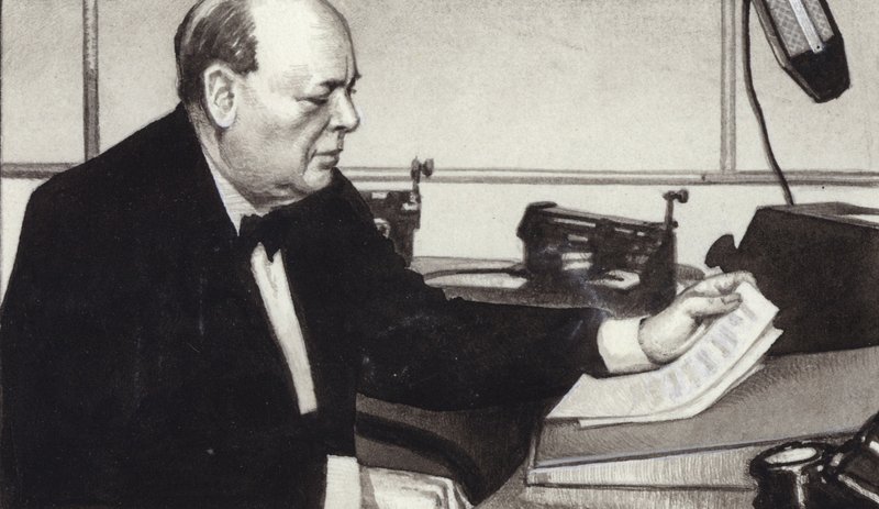 Winston Churchill v jednom ze svých slavných válečných rozhlasových vysílání (kvaš na papíře) od Pat (1907 95) Nicolle