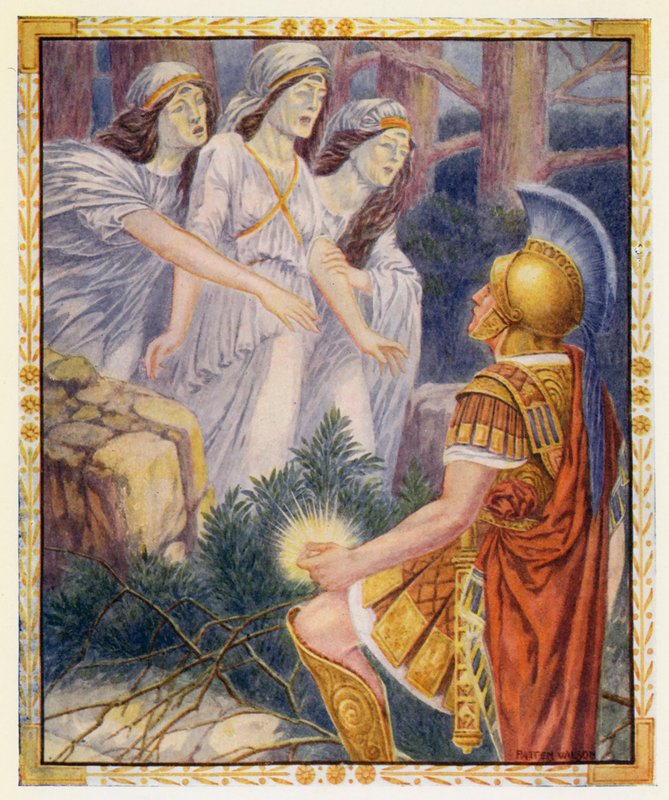 Perseus a tři šedé ženy (barevná litografie) od Patten (after) Wilson