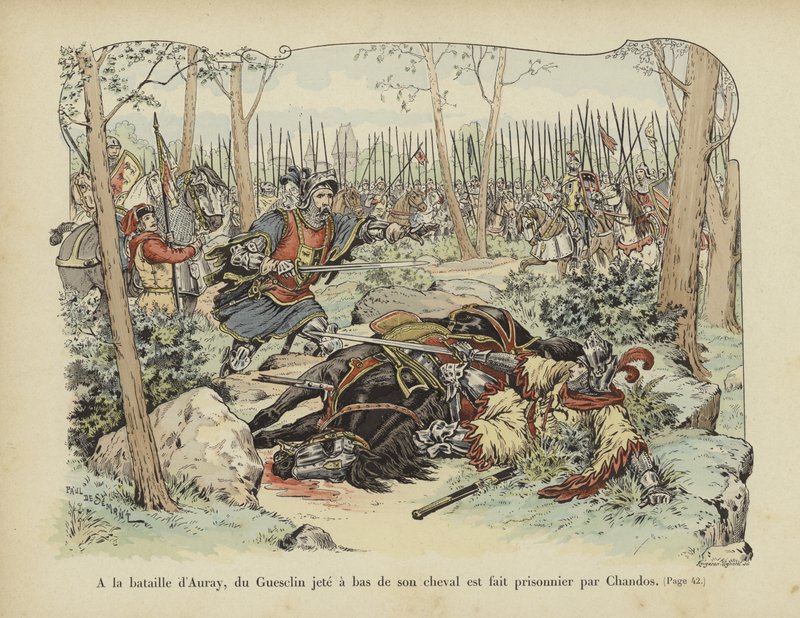 Bertrand du Guesclin hozen svým koněm a zajat sirem Johnem Chandosem, bitva u Auray, 1364 od Paul de Semant