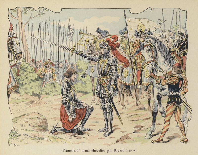 Francouzský král František I. pasován na rytíře Chevalier de Bayard po bitvě u Marignana, Itálie, 1515 od Paul de Semant
