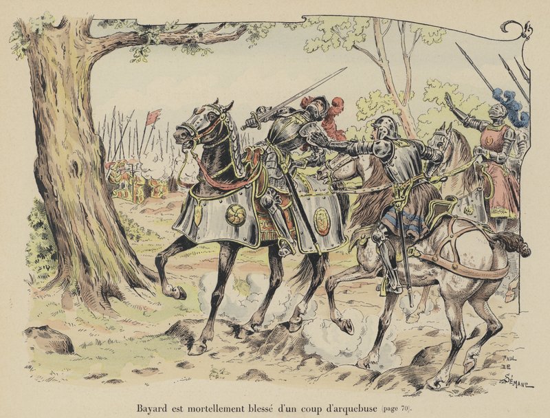 Chevalier de Bayard smrtelně zraněn koulí z arkebuze v bitvě u Sesia, Itálie, 1524 od Paul de Semant