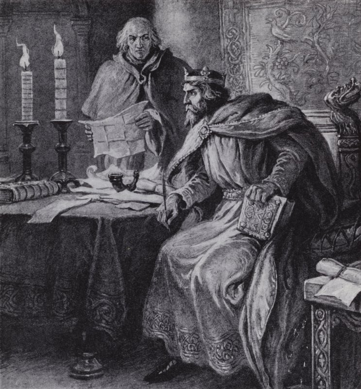 Alfréd Veliký, král Wessexu, a jeho svíčkové hodiny (litho) od Paul (after) Hardy