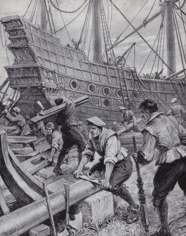 Budova anglické galeony Ark Royal, vlajkové lodi v boji proti španělské armádě v roce 1588 (litho) od Paul (after) Hardy