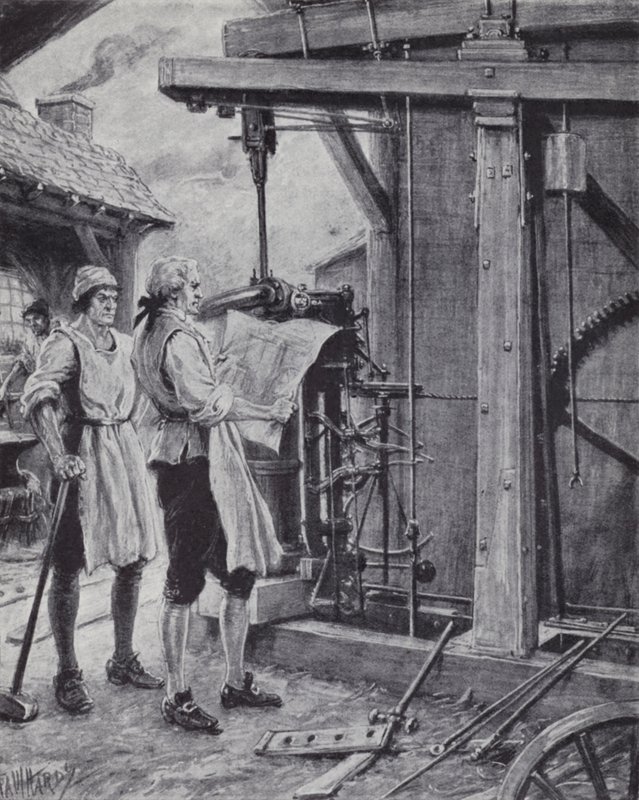 James Watt při práci na parním stroji od Paul (after) Hardy