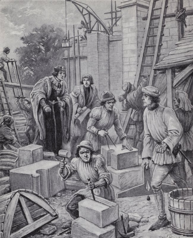Král Jindřich VI. dohlíží na budovu Eton College, kterou založil v roce 1440 (litho) od Paul (after) Hardy
