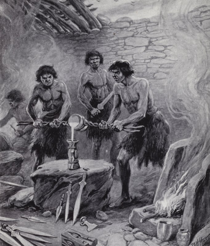 Muži pracující ve slévárně během doby bronzové (litho) od Paul (after) Hardy
