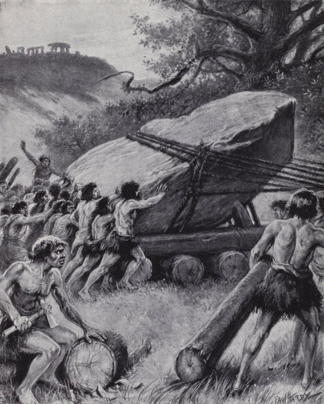 Paleolitičtí muži pohybující obří desku skály na kolech (litho) od Paul (after) Hardy