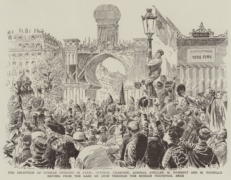 Přijetí ruských důstojníků v Paříži, generál Chanoine, admirál Avellan, M. Humbert a M. Poubelle jedou z Gare de Lyon přes ruský vítězný oblouk. od Paul Destez