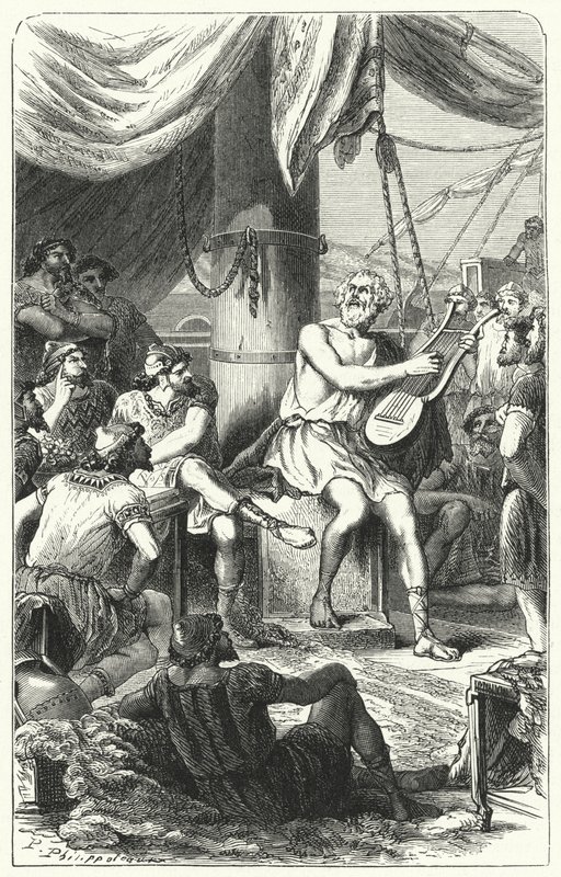 Homer baví cizí námořníky písní (rytina) od Paul Dominique Philippoteaux