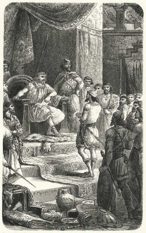 Král David přijímá vyslance tyrského krále Hirama (rytina) od Paul Dominique Philippoteaux
