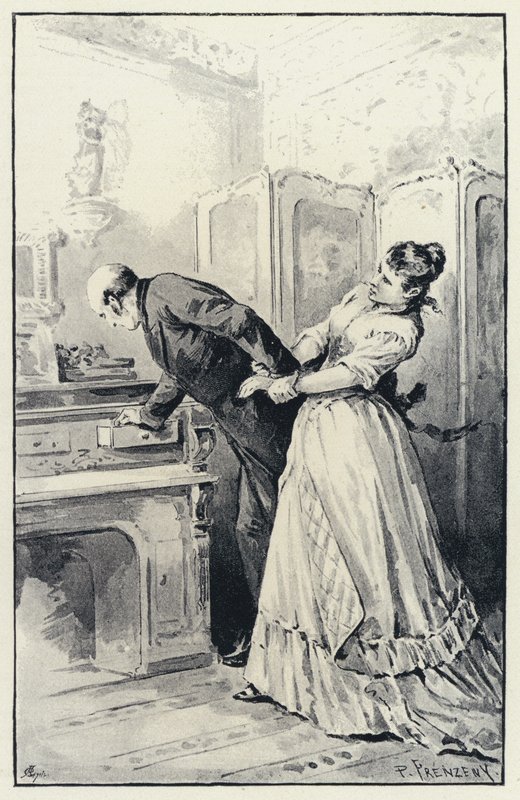 Ilustrace pro Annu Kareninu: Karenina se zmocní dopisů své manželky (litho) od Paul Frenzeny