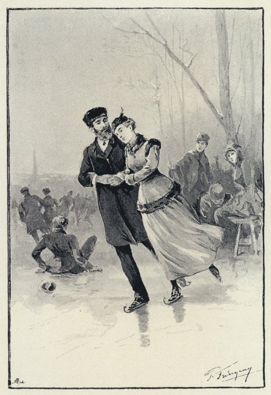Ilustrace pro Anna Karenina: Levin a Kitty na ledě (litho) od Paul Frenzeny