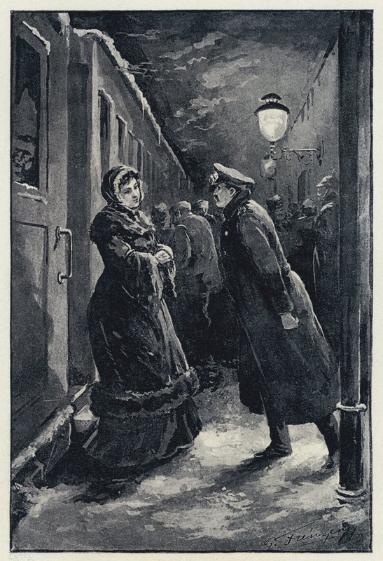 Ilustrace pro Annu Kareninu: Vronskij se setkává s Annou na nádraží (litho) od Paul Frenzeny