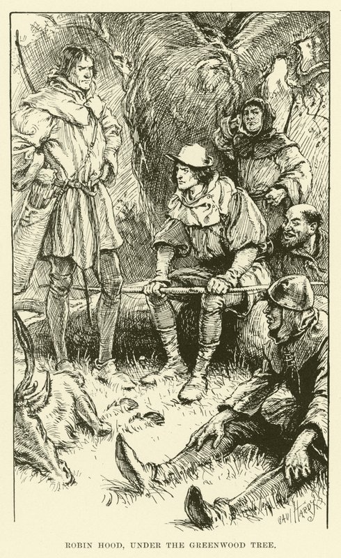 Robin Hood, pod stromem Greenwood (rytina) od Paul Hardy