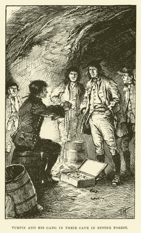 Turpin a jeho gang v jejich jeskyni v Epping Forest (rytina) od Paul Hardy