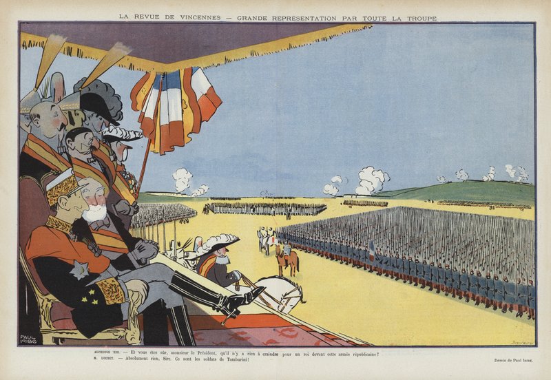 Návštěva španělského krále Alfonse XIII. v Paříži: vojenská přehlídka ve Vincennes. Ilustrace pro Le Rire od Paul Iribe