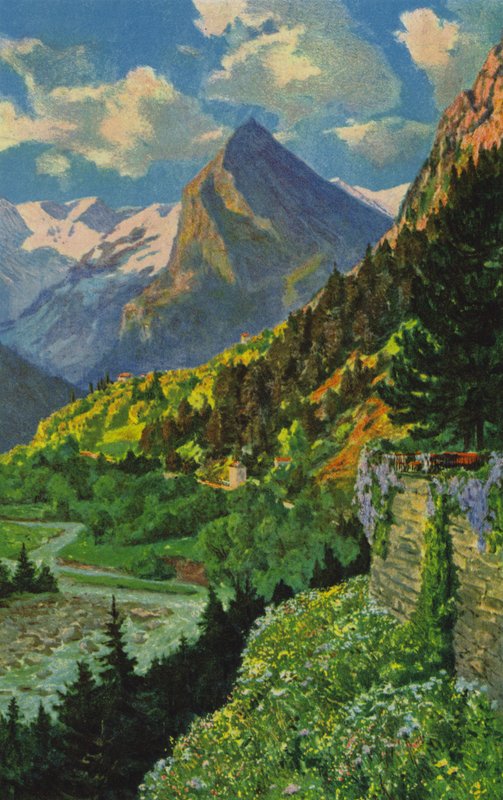 Švýcarské lázně: Acquarossa, výhled do údolí Blenio (barevné lito) od Paul Kutscha
