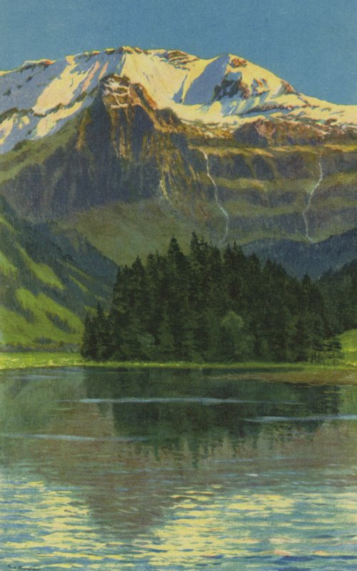 Švýcarské lázně: Lenk i S, jezero Lenk a Wildstrubel (barevné lito) od Paul Kutscha