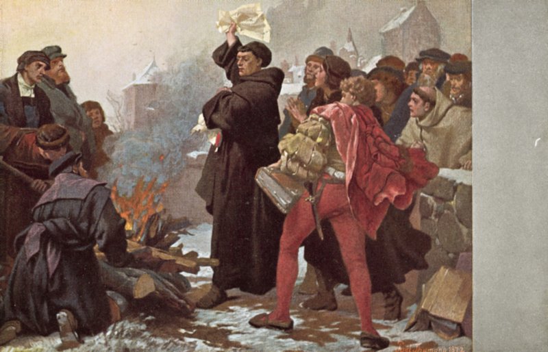 Martin Luther pálil papežskou bulu a vyhrožoval mu exkomunikací před Elstertorem ve Wittenbergu, Německo, 10. prosince 1520 od Friedrich Paul Thumann