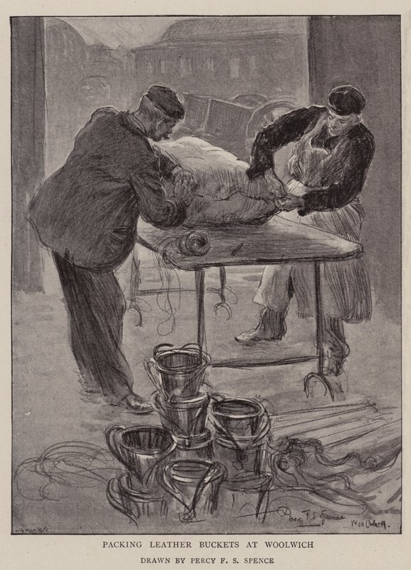Balení kožených kbelíků ve Woolwichi od Percy F.S. Spence
