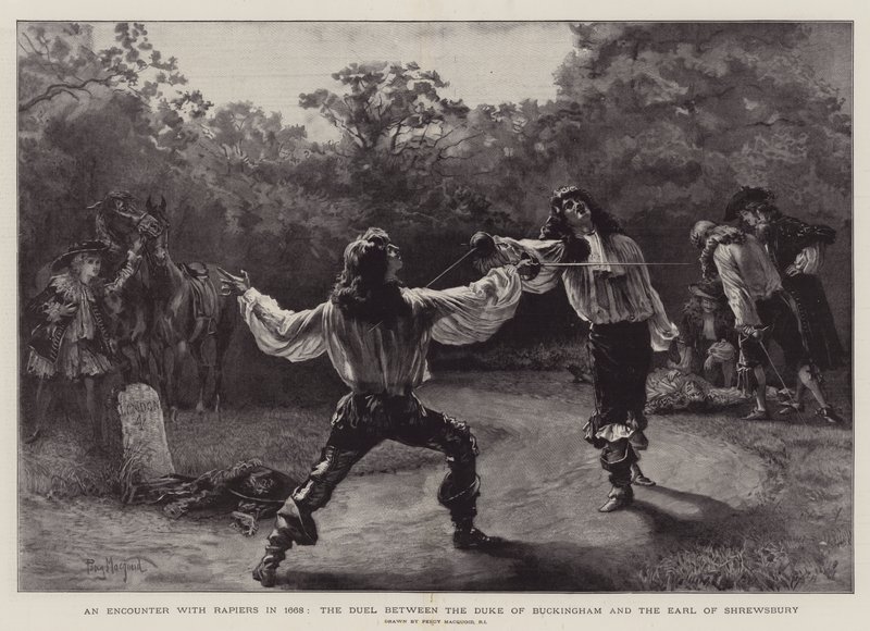 Střetnutí s rapíry v roce 1668, souboj mezi vévodou z Buckinghamu a hrabětem ze Shrewsbury od Percy Macquoid