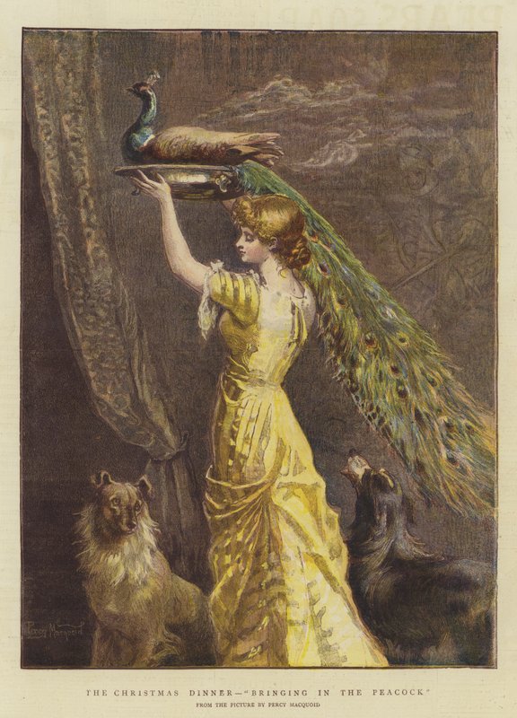 Vánoční večeře, přinesení páva (chromolitho) od Percy Macquoid