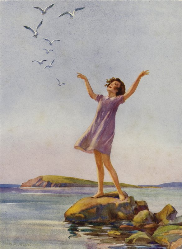Dívka si užívá slunce u moře (barva litho) od Percy Bell Hickling