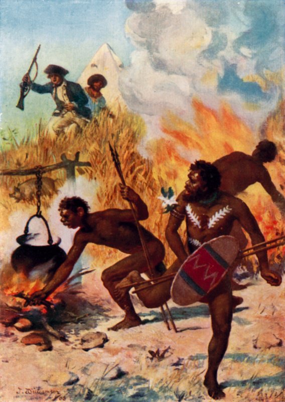 Australští domorodci v době kapitána Cooka (barevné lito) od Percy F.S. (after) Spence