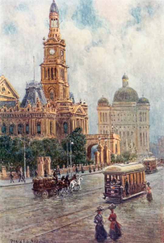 Radnice, Sydney (barevné lito) od Percy F.S. (after) Spence