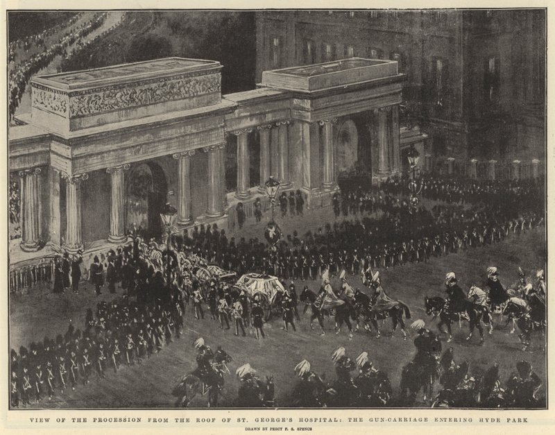 Pohled na průvod ze střechy nemocnice svatého Jiří, kočár vjíždějící do Hyde Parku od Percy F.S. Spence