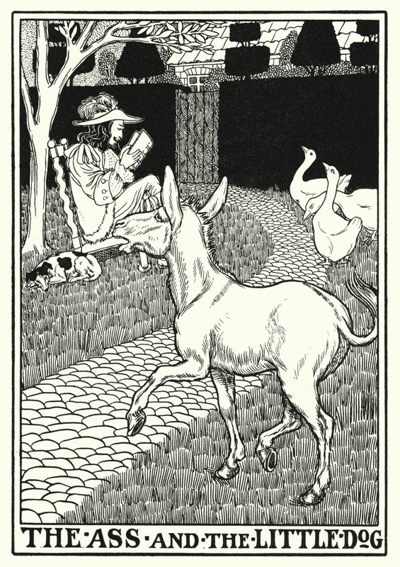Bajky La Fontaine: Osel a malý pes (litho) od Percy James Billinghurst