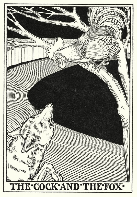 Bajky La Fontaine: Kohout a liška (litho) od Percy James Billinghurst