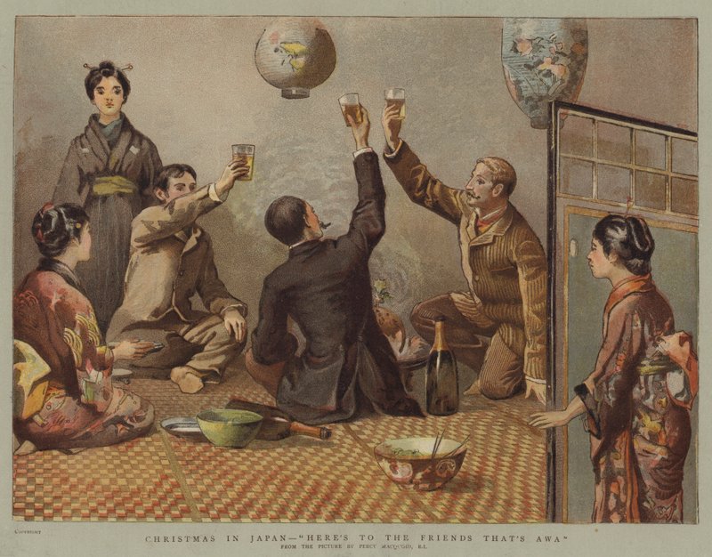 Vánoce v Japonsku, tady jsou přátelé, to je Awa (chromolitho) od Percy Macquoid