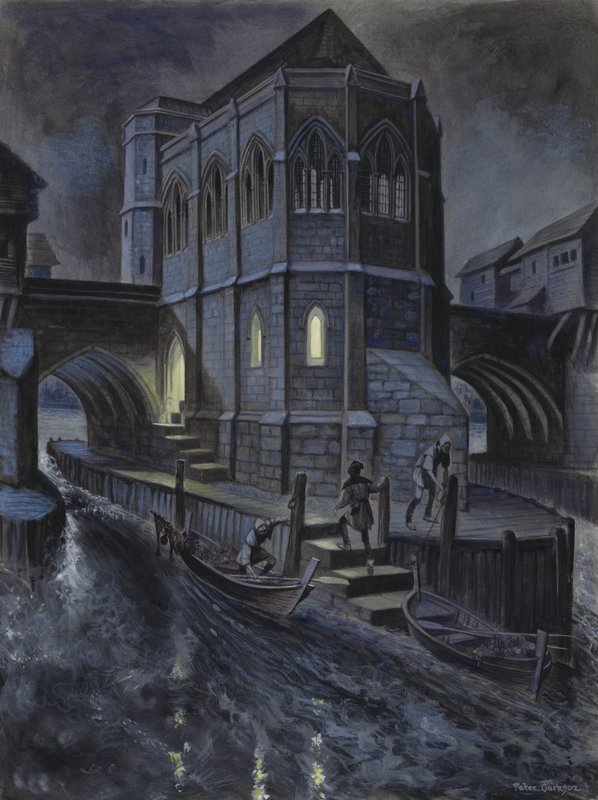 Pomyslná rekonstrukce první kaple na Old London Bridge od Peter Jackson