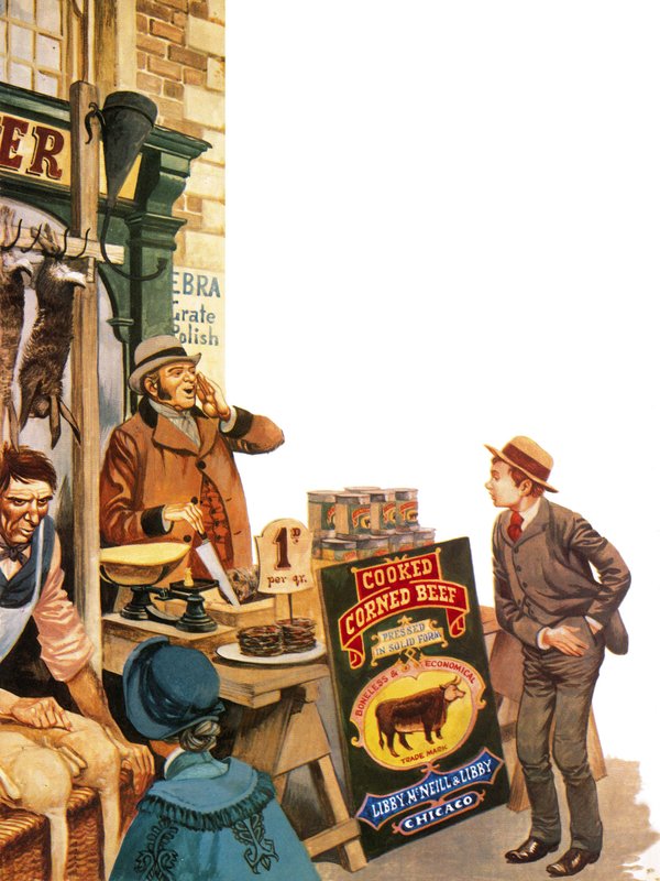 Kukuřičné hovězí se prodává v Anglii v roce 1870 od Peter Jackson