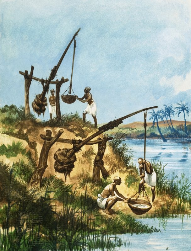 Raní Egypťané používali k získávání vody z Nilu systém závaží a tyčí nazývaných shadoofs od Peter Jackson