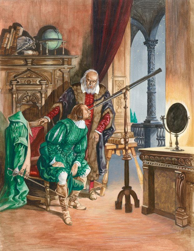 Galileo, nyní slepý, umožňuje příteli dívat se na hvězdy dalekohledem z balkonu své pracovny v Pise od Peter Jackson
