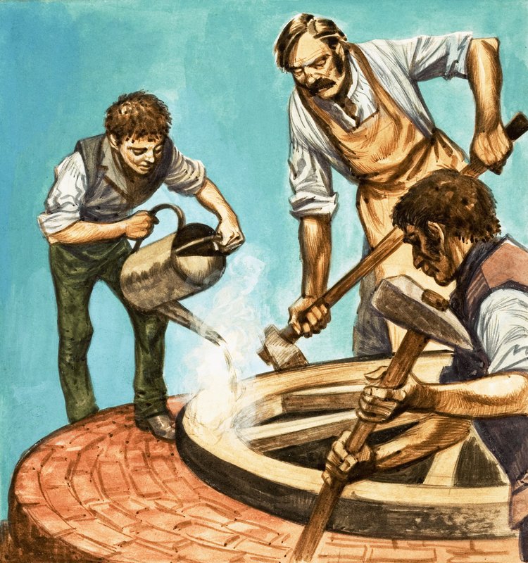 Kdysi dávno... život na vesnici před sto lety. Koláři nasazují železný ráfek na kolo od Peter Jackson