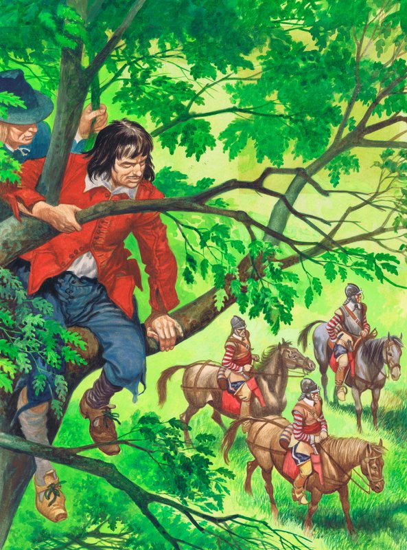 Budoucí král Karel II. se skrývá v Boscobelském dubu (kvaš na papíře) od Peter Jackson