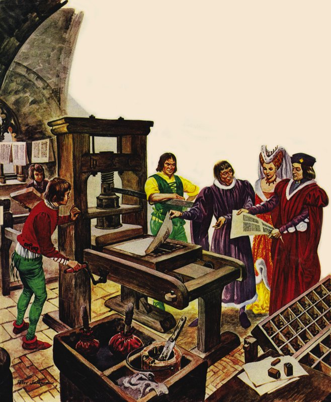 William Caxton předváděl svůj tiskařský stroj králi Edwardu IV a jeho královně Alžbětě od Peter Jackson