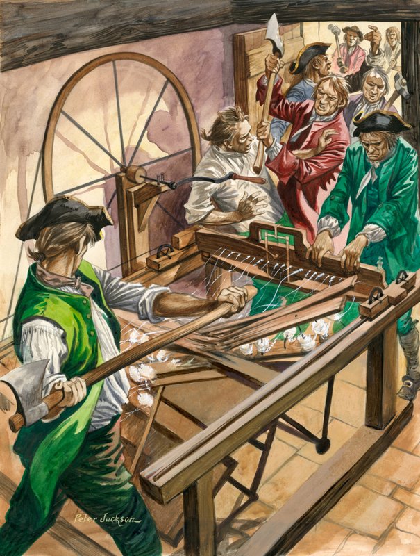 Dělníci zaútočí na dům Jamese Hargreavese v Blackburnu, aby zničili jeho vynález, spinning Jenny. od Peter Jackson