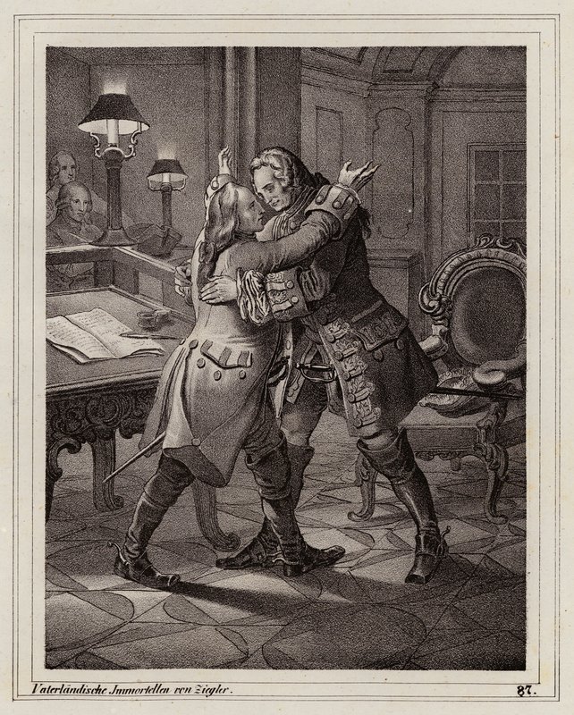 Evžen Savojský objímá vévodu z Marlborough, válka o španělské dědictví od Peter Johann Nepomuk Geiger