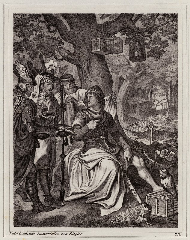 Jindřich Ptáčník přijímá zprávu, že je východofranským králem, 919 (rytina) od Peter Johann Nepomuk Geiger