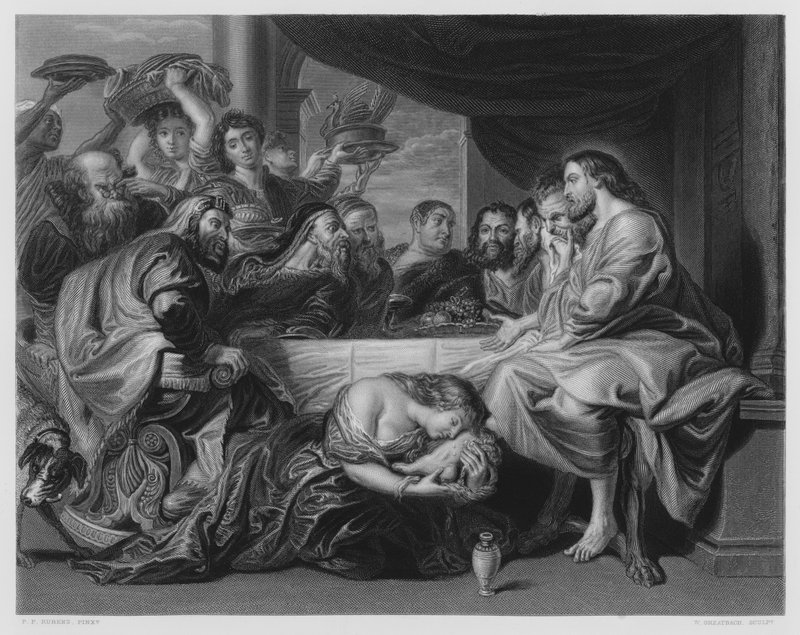Marie Mazající nohy Krista, z obrázku v královské sbírce (rytina) od Peter Paul (after) Rubens