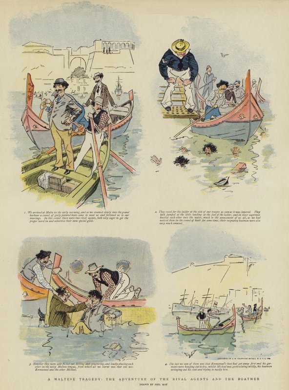 Maltská tragédie, dobrodružství nepřátelských agentů a lodníků (chromolitho) od Phil May
