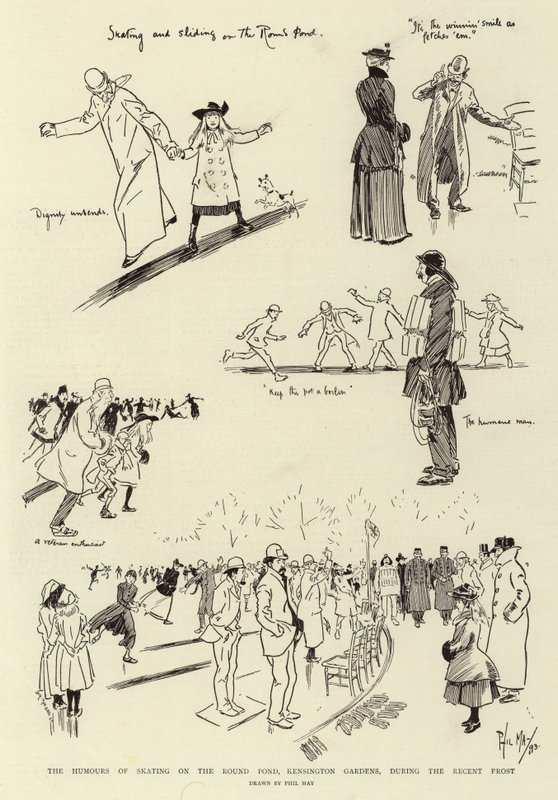 Humours of Skating on the Round Pond, Kensington Gardens, během nedávných mrazů od Phil May