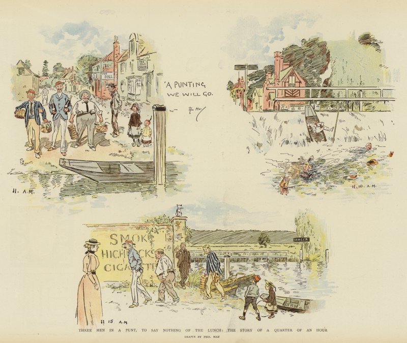 Tři muži v pramici, aby se neřeklo o obědě, příběh čtvrt hodiny (chromolitho) od Phil May