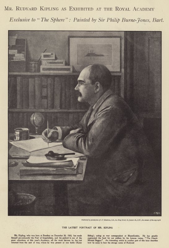 Portrét Rudyarda Kiplinga vystavený na Royal Academy (litho) od Philip (after) Burne Jones
