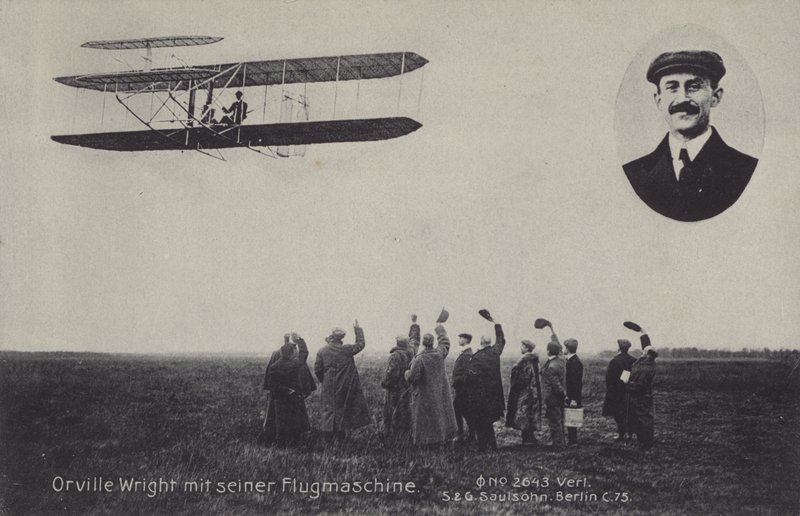 Americký letec Orville Wright a jeho létající stroj (č/b foto) od Photographer German